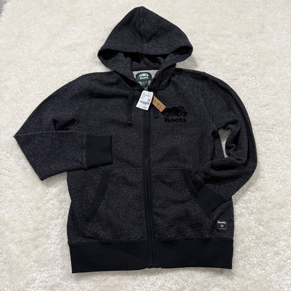 Roots Full Zip Hoodie Womens XS Black Pepper Organic Cotton Blend NWT
